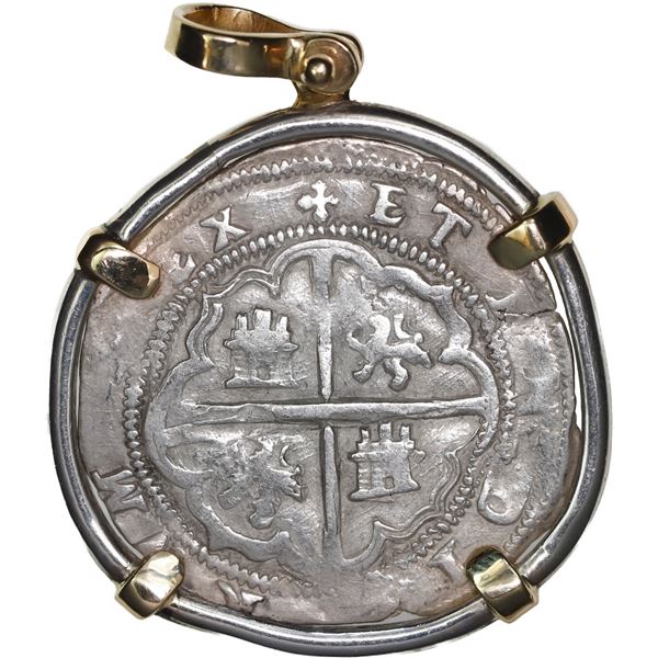 BOLIVIA, Potosí, cob 2 reales, Philip II, assayer B (1st period), mounted cross-side out in silver