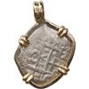 Image 1 : BOLIVIA, Potosí, cob 4 reales, 1753 C, mounted cross-side out in 14K gold pendant with fixed bail.