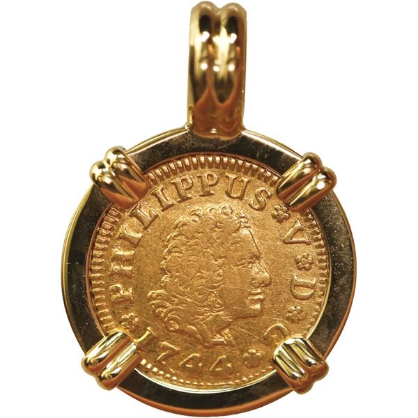 SPAIN, Madrid, gold bust ½ escudo, Philip V, 1744 AJ, mounted in 18K gold pendant with fixed bail.