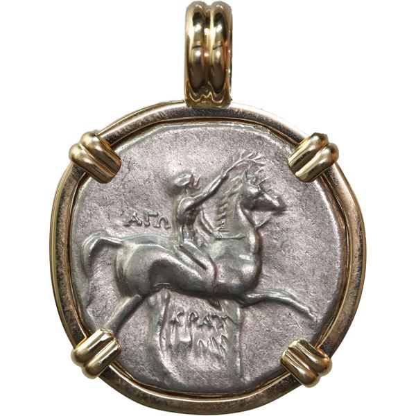 ANCIENT GREEK, Calabria, Tarentum, AR didrachm, 302-281 BC, "boy on dolphin," mounted in 14K gold pe
