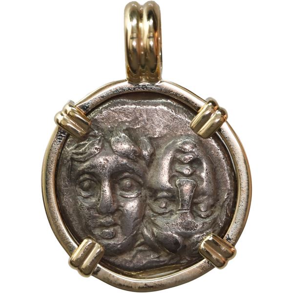 ANCIENT GREEK, Moesia, Istros, AR drachm, 313-280 BC, mounted heads-side out in 14K gold pendant wit