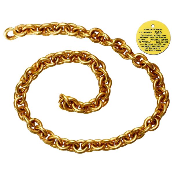 Gold chain, 67 links, 23 grams total, tested at 21K fine gold, ex-Atocha (1622), with hand-signed ce