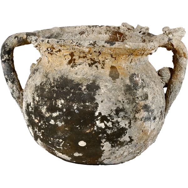 Large, green-glazed, two-handled pot, intact, ex-pirate ship Golden Fleece (1686).