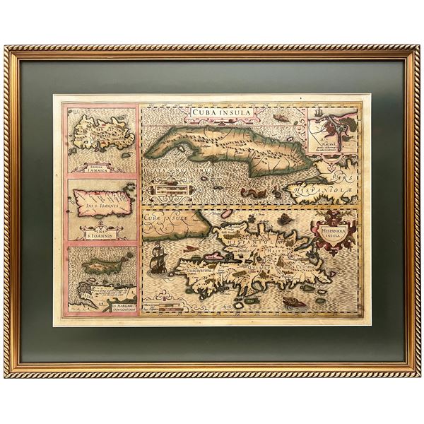 Large, original, framed map by Hondius (1606) of Cuba, Hispaniola, Jamaica, Puerto Rico, and Margari