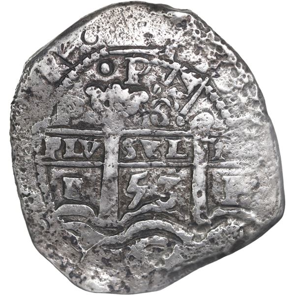 BOLIVIA, Potosí, cob 8 reales, 1653 E, •PH• at top, •pomegranate[x=#8226/