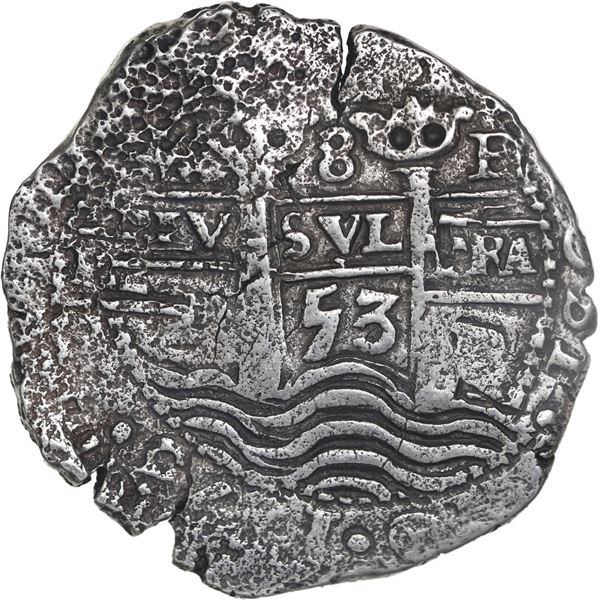 BOLIVIA, Potosí, cob 8 reales, 1653 E, •PH• at top, •pomegranate[x=#8226/