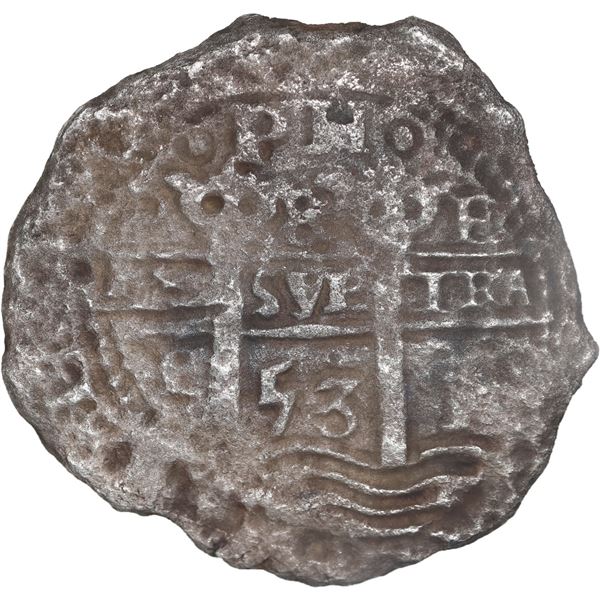 BOLIVIA, Potosí, cob 8 reales, 1653 E, •PH• at top, •pomegranate[x=#8226/