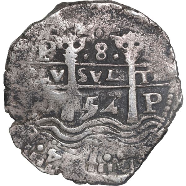 BOLIVIA, Potosí, cob 8 reales, 1654 E, •PH• at top, •pomegranate[x=#8226/