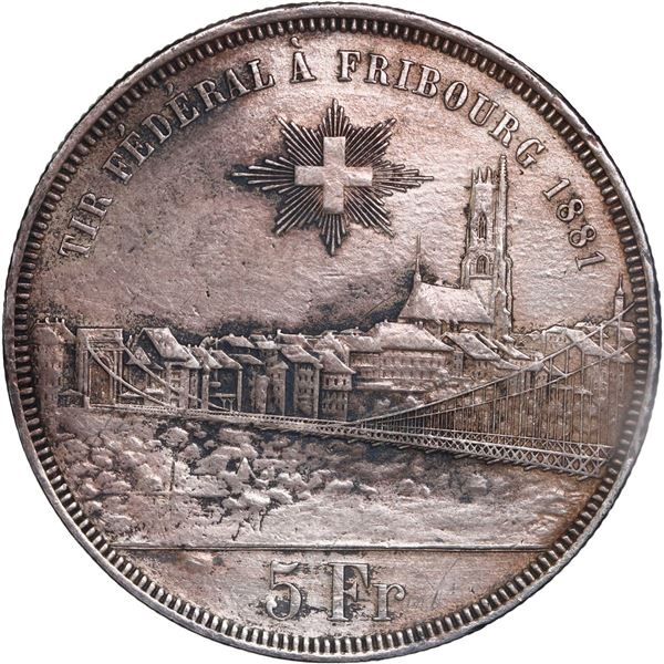 SWITZERLAND, Bern, 5 francs "shooting taler," 1881, Fribourg shooting festival, ex-Peterson.