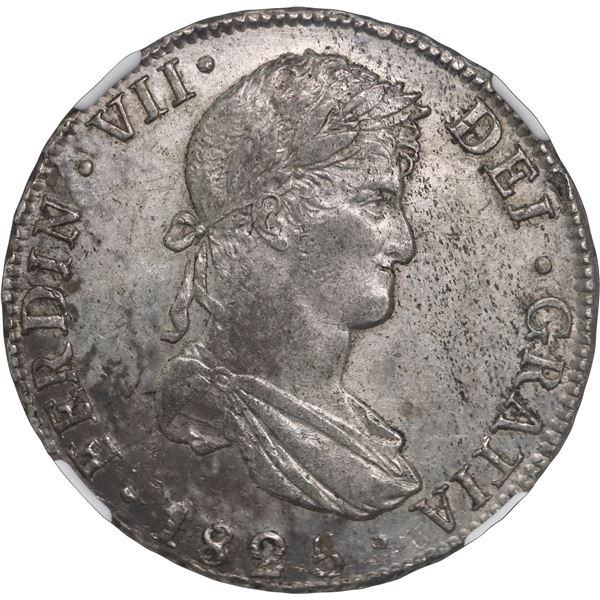 BOLIVIA, Potosí, bust 8 reales, Ferdinand VII, 1825 JL, NGC AU details / cleaned.