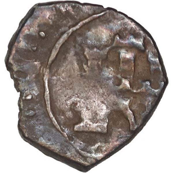 COLOMBIA, Bogotá, cob ¼ real, Philip IV, no assayer (1649-65), castle with tilted doorway / ball-tai