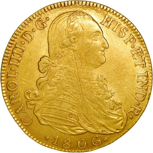 COLOMBIA, Bogotá, gold bust 8 escudos, Charles IV, 1806 J•J.