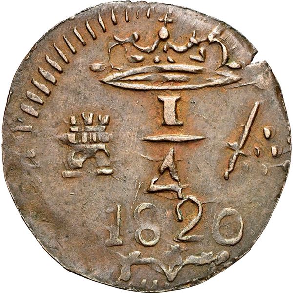COLOMBIA, Santa Marta, copper ¼ real, Ferdinand VII, 1820, NGC AU 55 BN.