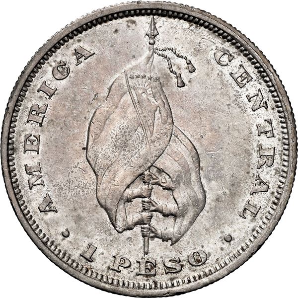 EL SALVADOR, 1 peso, 1892-CAM, flag type, NGC AU details / obv scratched.