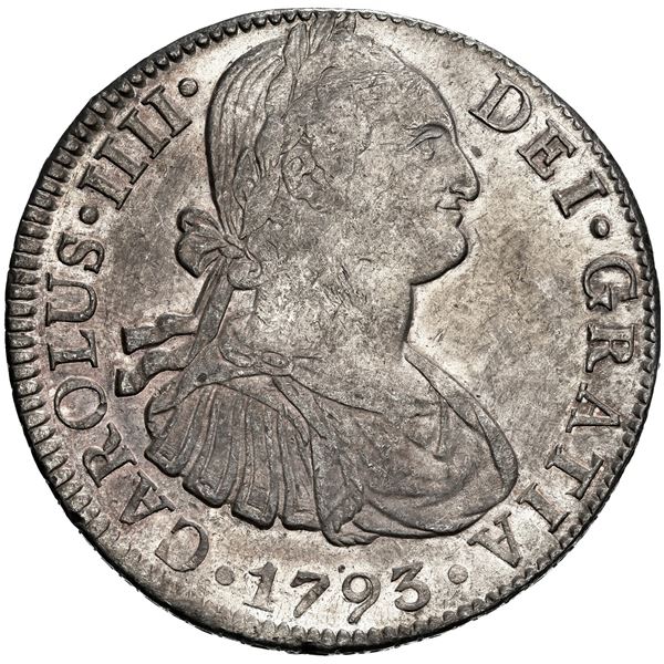 MEXICO, Mexico City, bust 8 reales, Charles IV, 1793 FM, NGC AU 50.