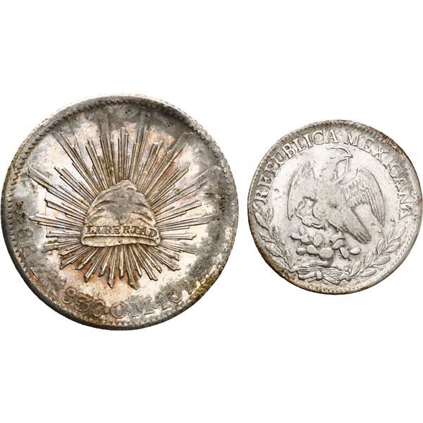 MEXICO, two-coin set of cap-and-rays 8R and 2R, 1838 ZsOM and 1827 MoJM respectively, ex-"New Orlean