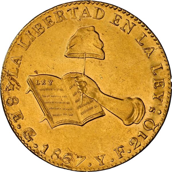 MEXICO, Guanajuato, gold 8 escudos, 1867/57 YF, NGC UNC details / rev cleaned.