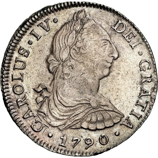 PERU, Lima, bust 8 reales, Charles IV transitional (bust of Charles III, ordinal IV), 1790 IJ, NGC A