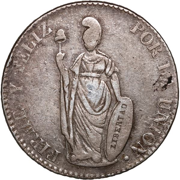 PERU, Pasco, 4 reales, 1843 M, mintmark PAZCO in monogram, NGC XF details / obv spot removed, finest