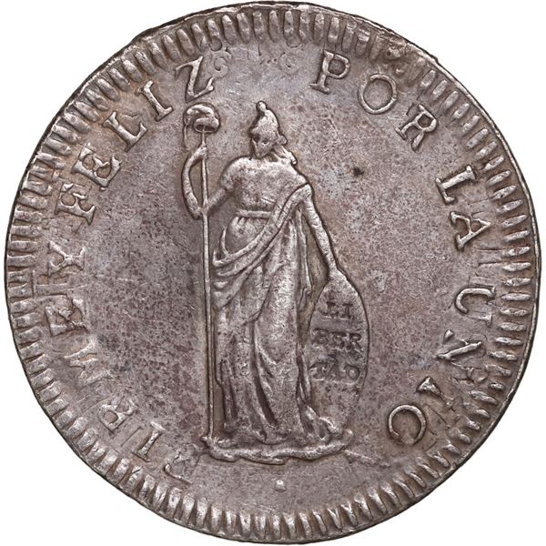 PERU, Lima, 2 reales, 1825 JM, struck over a Lima, Peru, bust 2 reales, Ferdinand VII, 1818 JP, rare