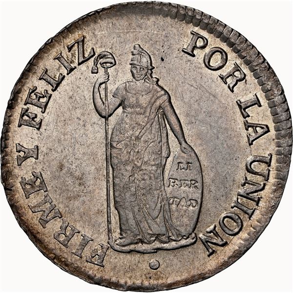 PERU, Lima, 2 reales, 1828 JM, first 8/2 in date, coin axis, NGC MS 62, ex-O'Brien.
