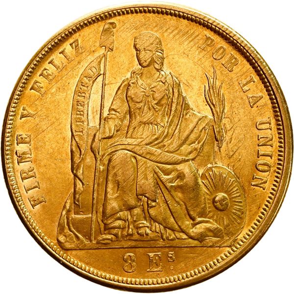 PERU, Lima, gold 8 escudos, 1863 YB.