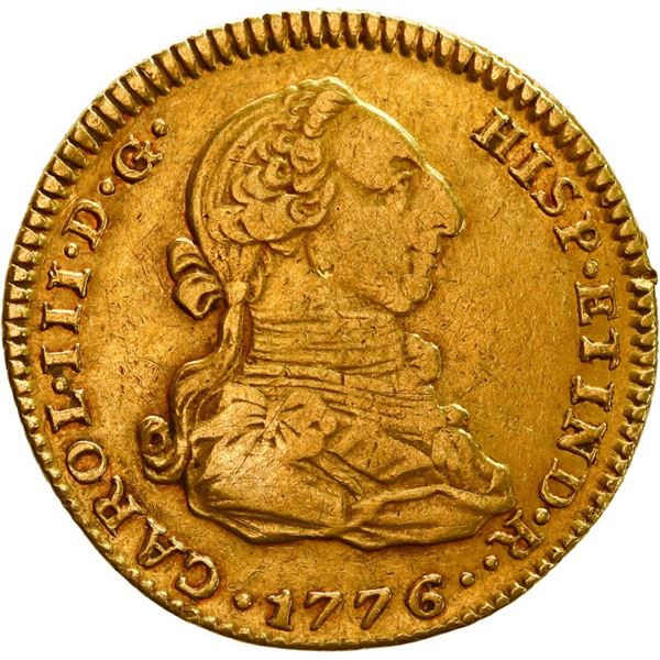 SPAIN, Madrid, gold bust 2 escudos, Charles III, 1776/4 PJ.