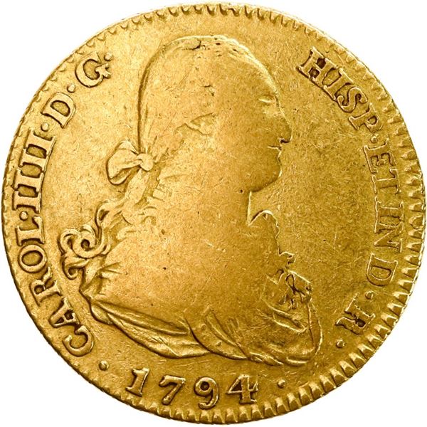 SPAIN, Madrid, gold bust 2 escudos, Charles IV, 1794 MF.