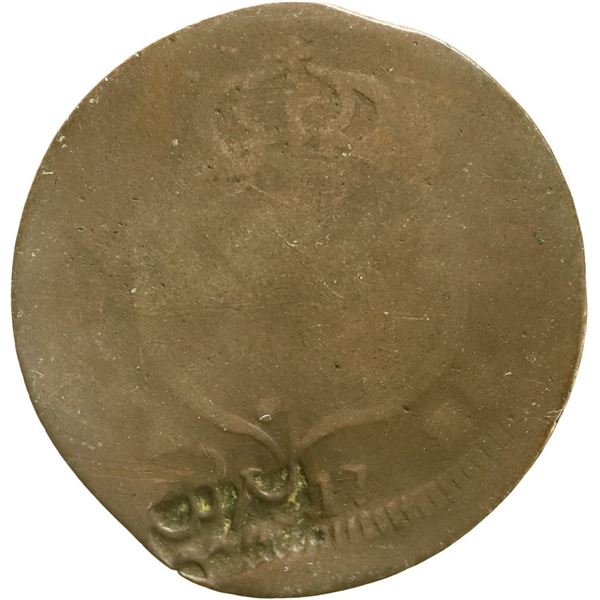 VENEZUELA, Caracas, copper ¼ real, Ferdinand VII, 1817, with Puerto Cabello countermark (1823-26) on