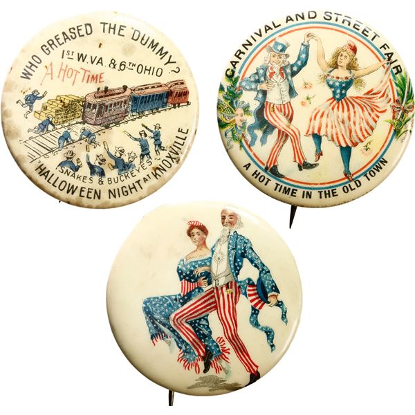 UNITED STATES, group of three Spanish-American War pins, circa 1898, Uncle Sam & "A Hot Time."