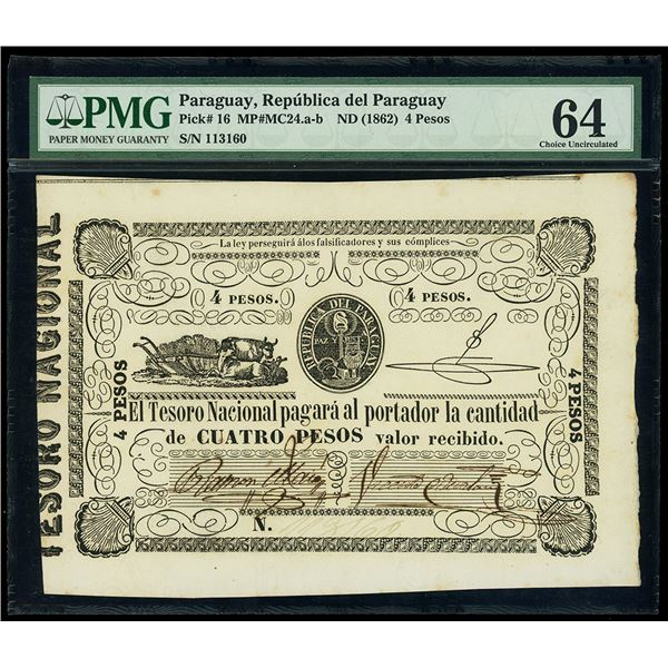 PARAGUAY, República del Paraguay, 4 pesos, no date (1862), serial 113160, PMG Choice UNC 64.