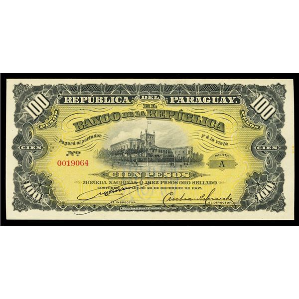 PARAGUAY, Banco de la República, 100 pesos, 26-12-1907, series A, serial 0019064.