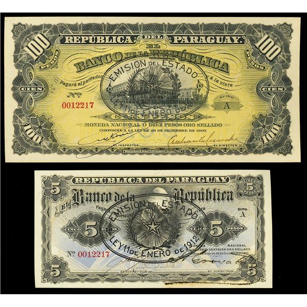 PARAGUAY, Banco de la República, serial number-matched pair of a 100 and 5 pesos, 26-12-1907, series