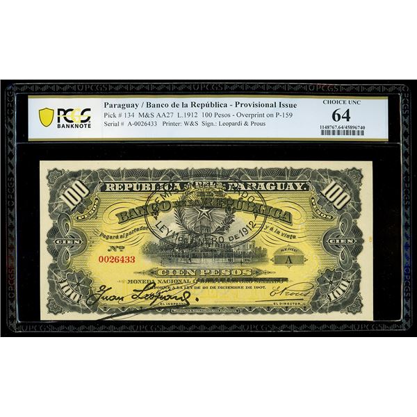 PARAGUAY, Banco de la República, provisional 100 pesos, 26-12-1907, series A, serial 0026433, with b