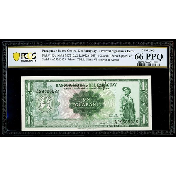 PARAGUAY, Banco Central, 1 guaraní, 25-3-1952, serial A29305023, inverted signatures error, PCGS Ban