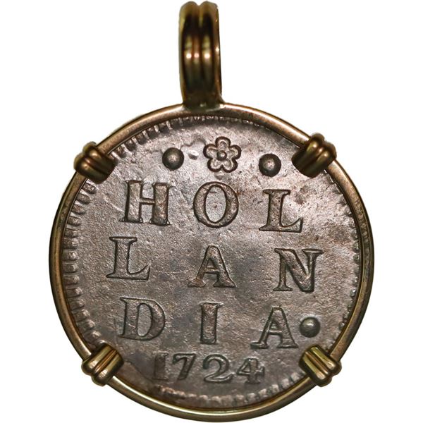 NETHERLANDS (United), Holland, 2 stuivers, 1724, ex-Akerendam (1725), mounted in 14K gold pendant wi