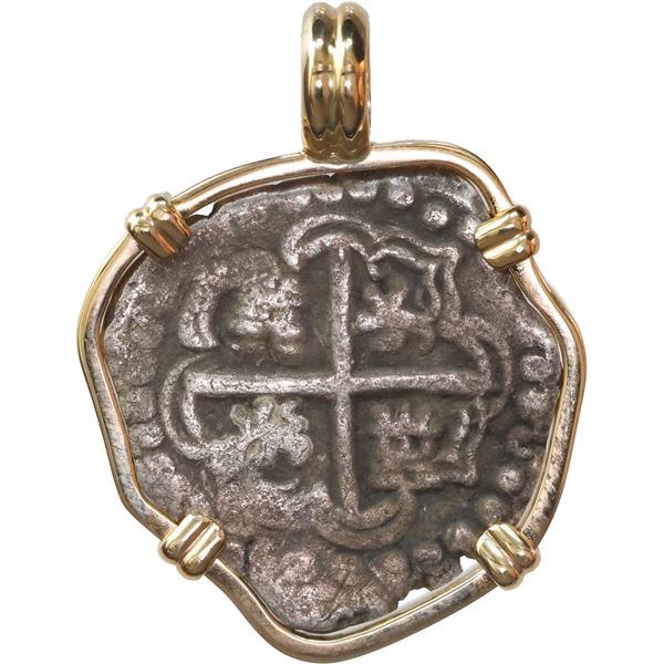 BOLIVIA, Potosí, cob 2 reales, Philip IV, assayer T (mid-1620s), mounted cross-side out in 14K gold 