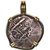 Image 2 : BOLIVIA, Potosí, cob 1 real, 1738 M, mounted cross-side out in 14K gold pendant with fixed bail.