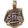Image 2 : BOLIVIA, Potosí, cob 1 real, 1755 q, mounted cross-side out in 14K gold pendant with fixed bail.