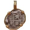 Image 2 : BOLIVIA, Potosí, cob ½ real, 1675 E, mounted cross-side out in 14K gold pendant with fixed bail.
