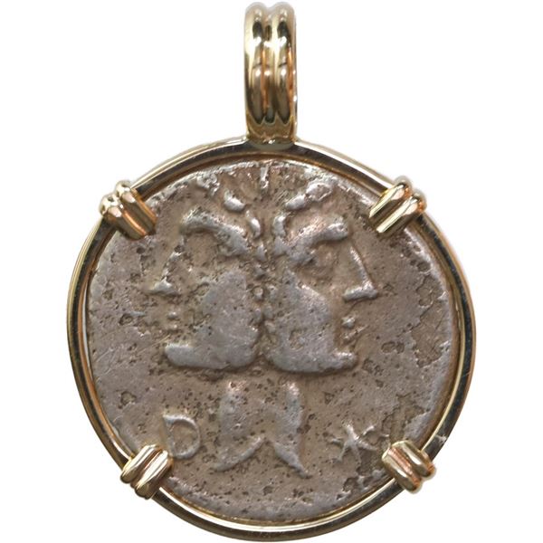 ANCIENT ROMAN, Roman Republic, AR denarius, C Fonteius, 114-113 BC, mounted in 14K gold pendant with