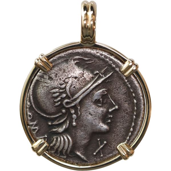 ANCIENT ROMAN, Roman Republic, AR denarius, L Flaminius Cilo, ca. 109/8 BC, mounted in 14K gold pend