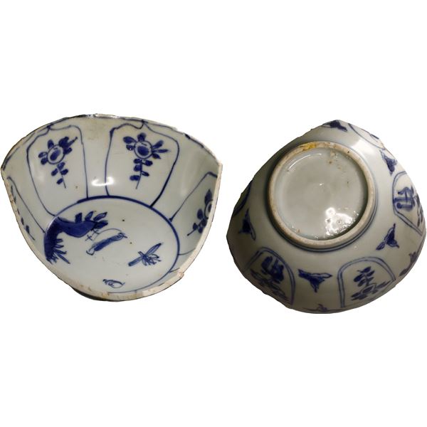 Chinese blue-on-white porcelain bowl fragment, Kangxi period, bird-on-leaf motif, ex-Concepción (164