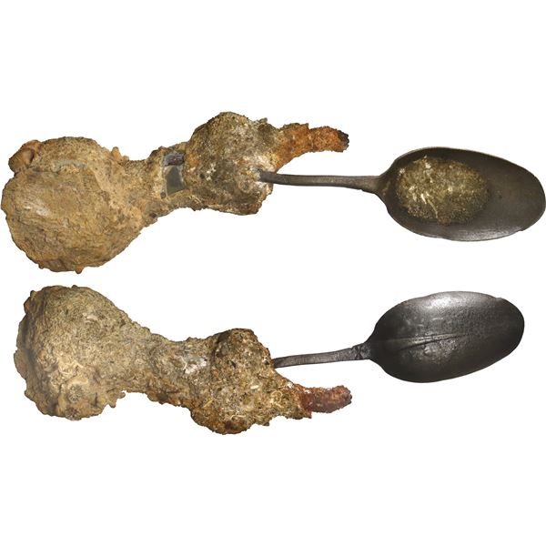 Tin or pewter spoon in conglomerate with iron spike and other debris, ex-Guadalupe and Tolosa (1724)