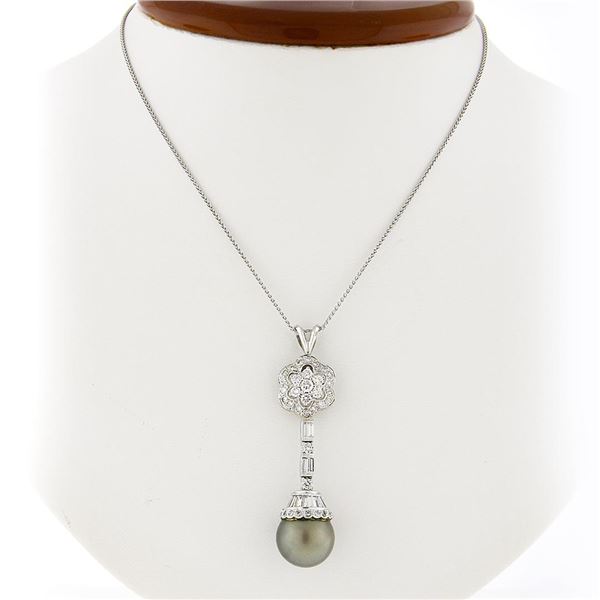 18k White Gold 1.84 ctw Diamond Flower Cluster Tahitian Pearl Drop Dangle Pendan
