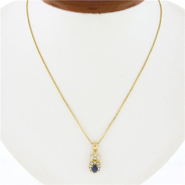 14K Gold 0.85 ctw Sapphire & Diamond Halo Cluster Dangle Pendant w/ 20" Box Chai