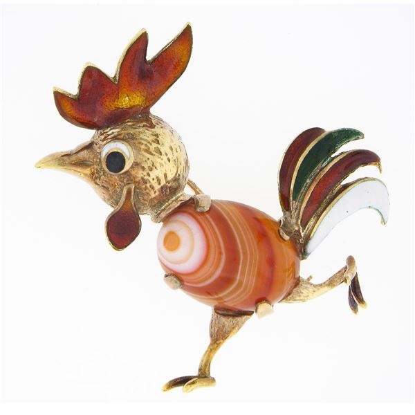 Vintage 14k Gold Banded Agate & Multicolor Enamel Running Rooster Pin Brooch