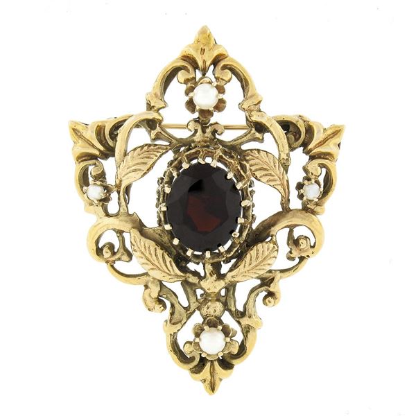 Antique Victorian Revival 14K Gold Oval Garnet & Pearl Floral Pin Brooch Pendant