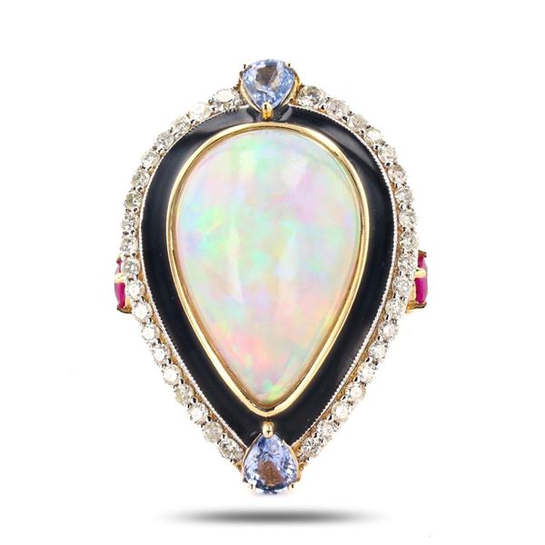 9.90 ctw Opal, 1.18 ctw Ruby/Sapphire and 0.67 ctw Diamond 14K Yellow and White