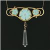 Image 3 : Antique Arts & Crafts 18K Gold Flower Carved Turquoise Crystal Dangle Necklace